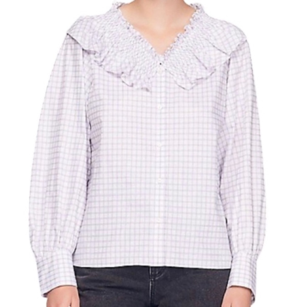 NWT Sandro Devie Check Smocked Shirt White Purple